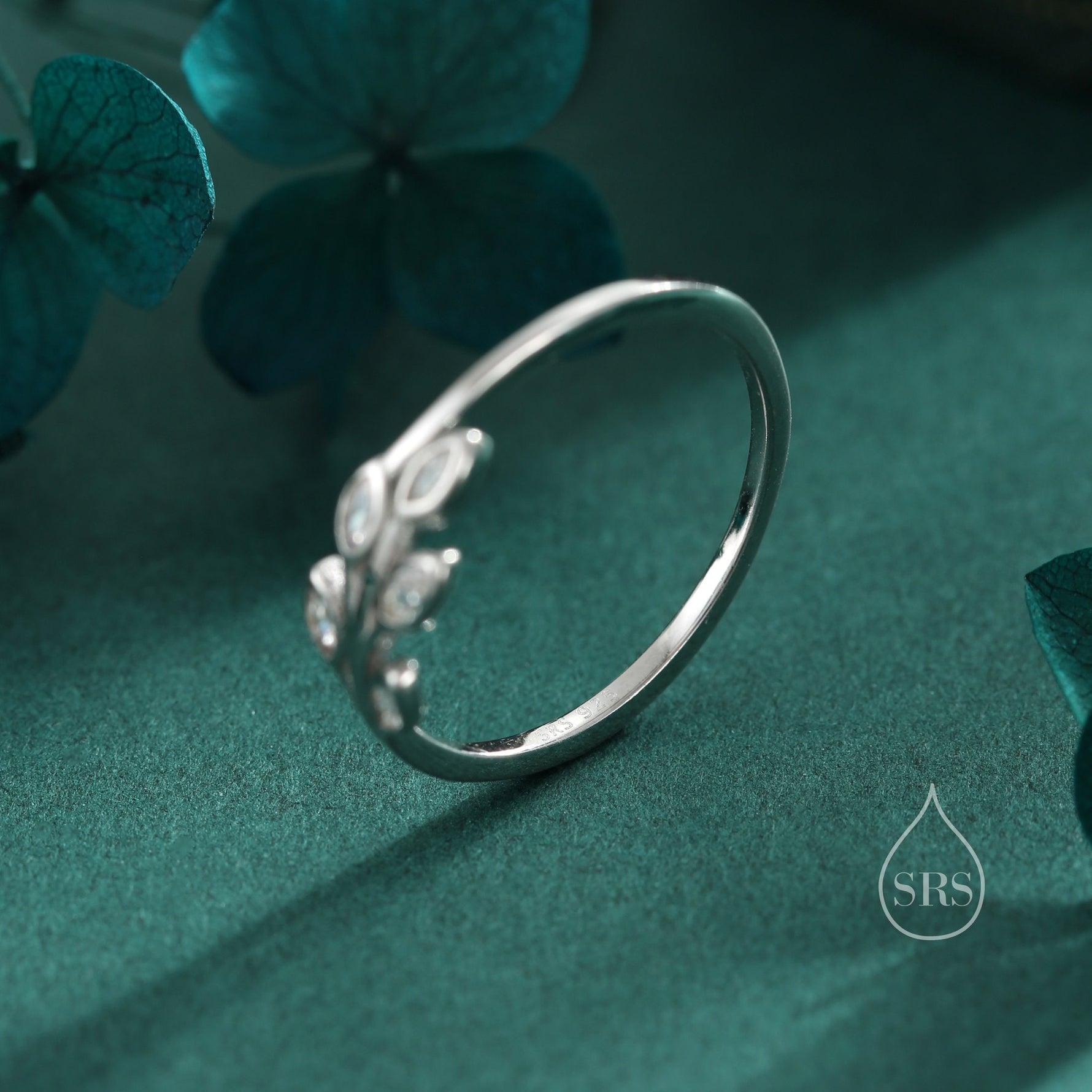 Sterling Silver CZ Leaf Ring, Adjustable Size, Small Olive Leaf Ring, Nature Inspired Leaf Ring, Clear Leaf Ring