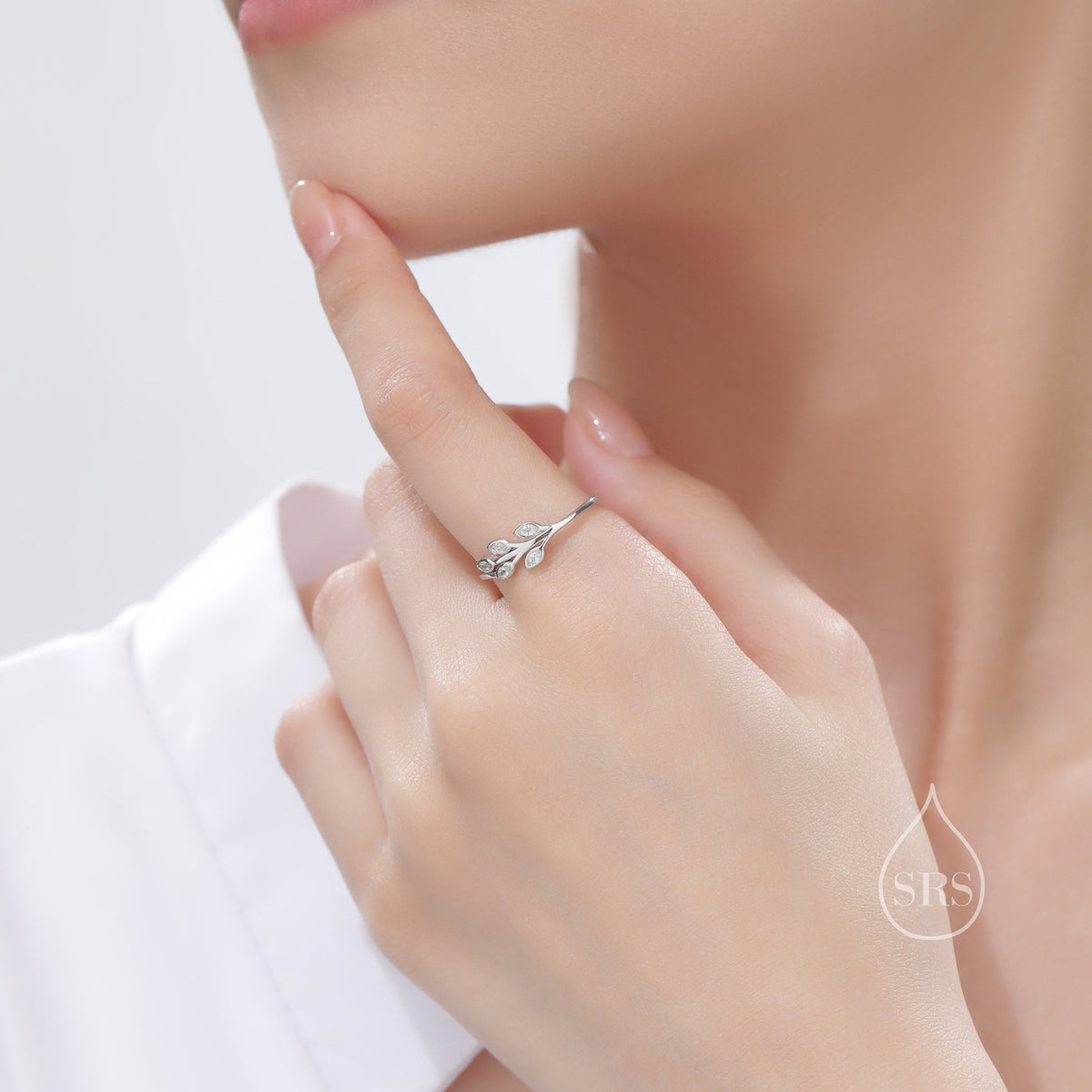Sterling Silver CZ Leaf Ring, Adjustable Size, Small Olive Leaf Ring, Nature Inspired Leaf Ring, Clear Leaf Ring