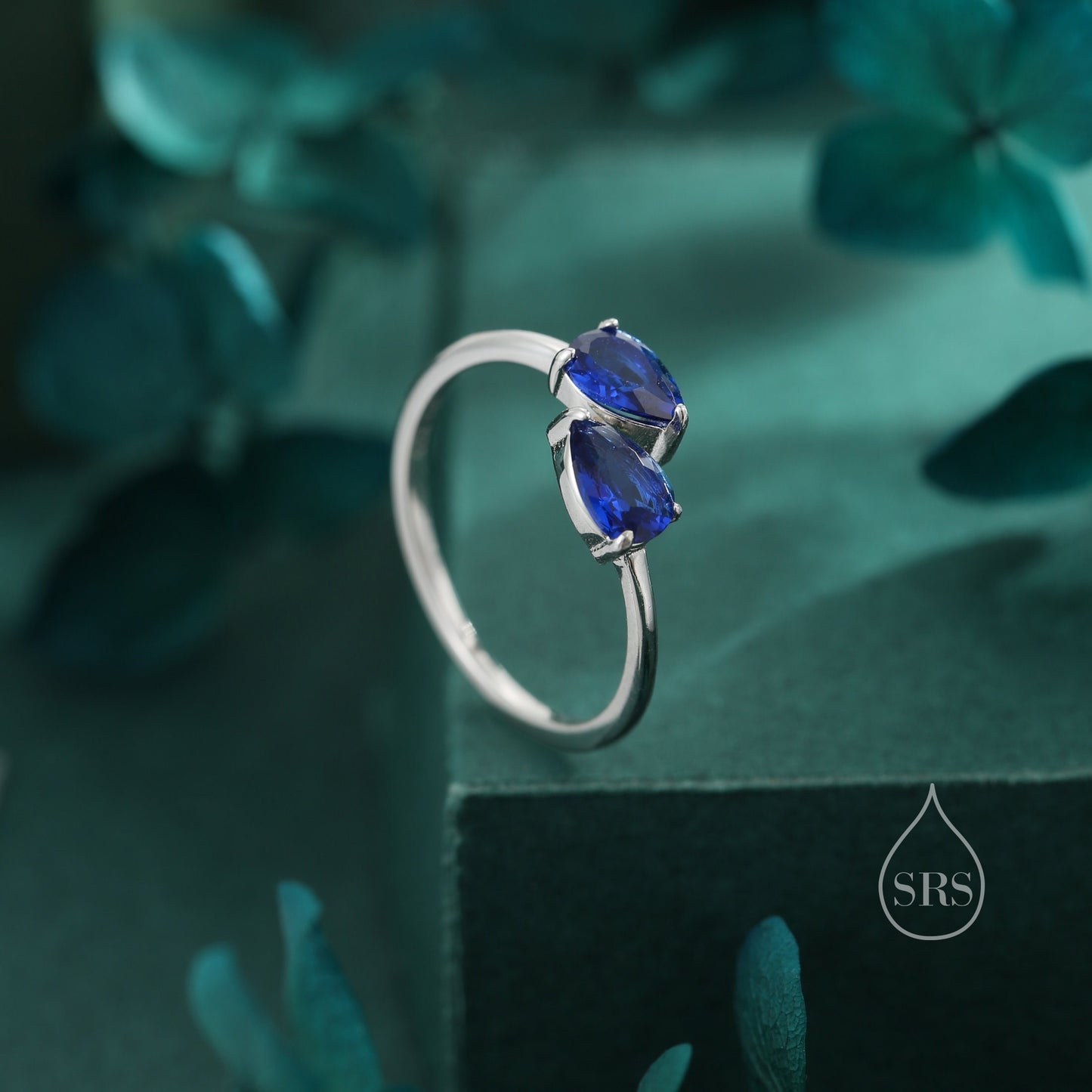 Toi et Moi Pear Cut Sapphire Blue CZ Open Ring in Sterling Silver, Adjustable Size, Sapphire Blue CZ Double Stone Ring, Pear Cut Ring