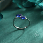 Toi et Moi Pear Cut Sapphire Blue CZ Open Ring in Sterling Silver, Adjustable Size, Sapphire Blue CZ Double Stone Ring, Pear Cut Ring