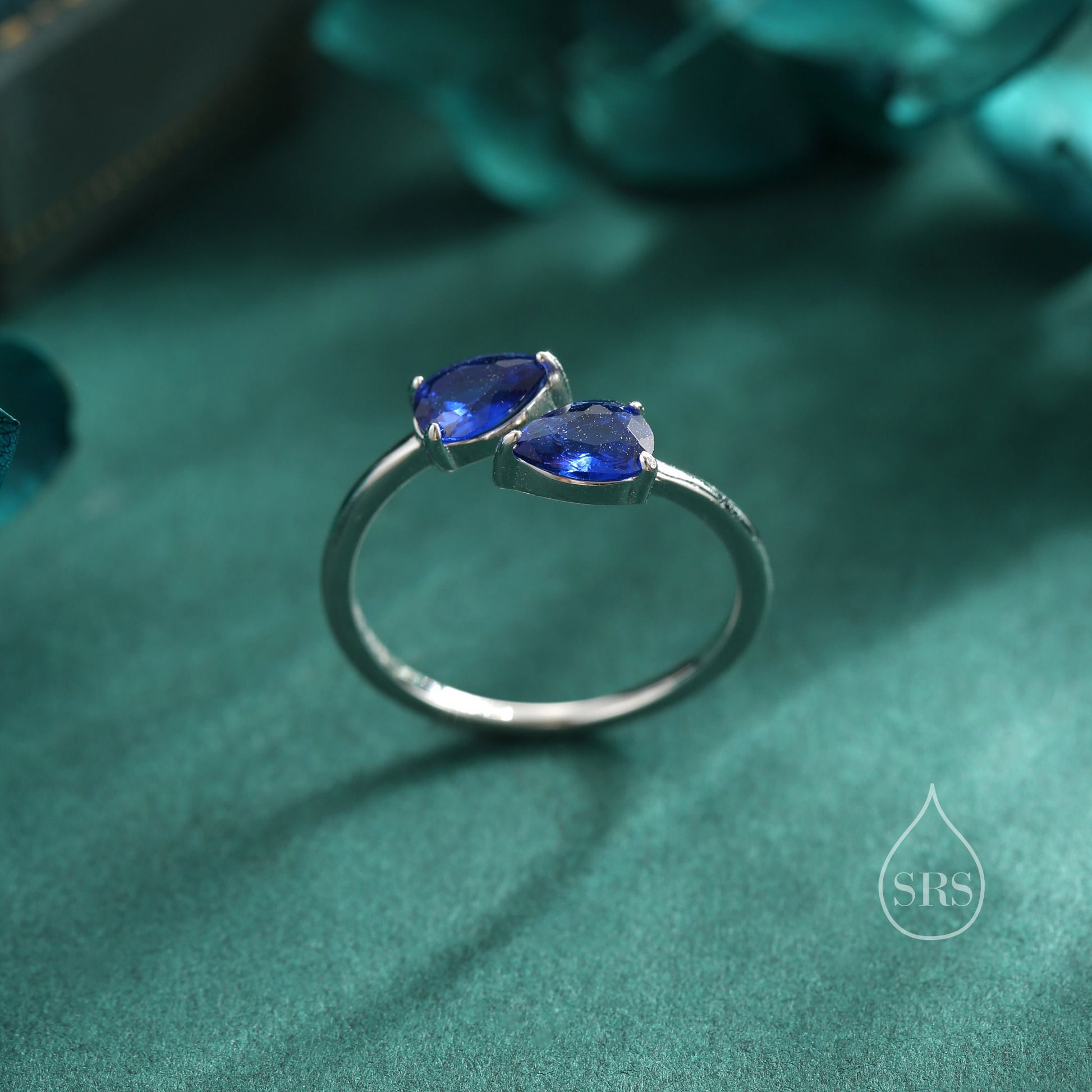 Toi et Moi Pear Cut Sapphire Blue CZ Open Ring in Sterling Silver, Adjustable Size, Sapphire Blue CZ Double Stone Ring, Pear Cut Ring