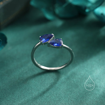 Toi et Moi Pear Cut Sapphire Blue CZ Open Ring in Sterling Silver, Adjustable Size, Sapphire Blue CZ Double Stone Ring, Pear Cut Ring