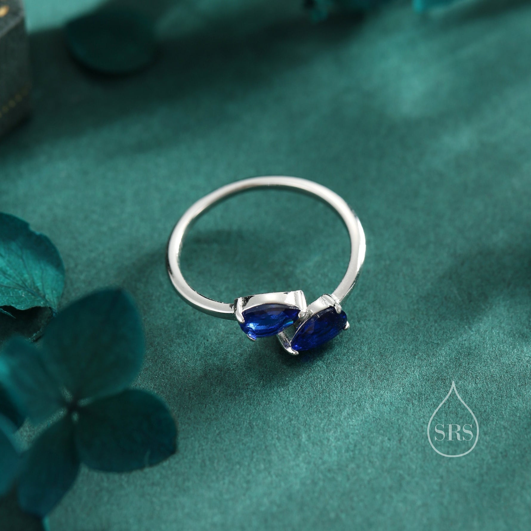 Toi et Moi Pear Cut Sapphire Blue CZ Open Ring in Sterling Silver, Adjustable Size, Sapphire Blue CZ Double Stone Ring, Pear Cut Ring