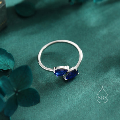 Toi et Moi Pear Cut Sapphire Blue CZ Open Ring in Sterling Silver, Adjustable Size, Sapphire Blue CZ Double Stone Ring, Pear Cut Ring