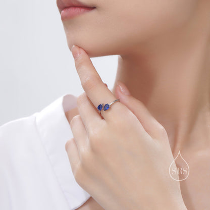 Toi et Moi Pear Cut Sapphire Blue CZ Open Ring in Sterling Silver, Adjustable Size, Sapphire Blue CZ Double Stone Ring, Pear Cut Ring