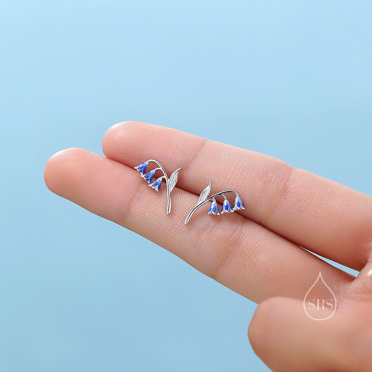 Sterling Silver Bluebell Flower Stud Earrings with Enamel, Dainty Dangle Bluebell Flower Earrings, Snowdrop Earrings, Spring Flowers