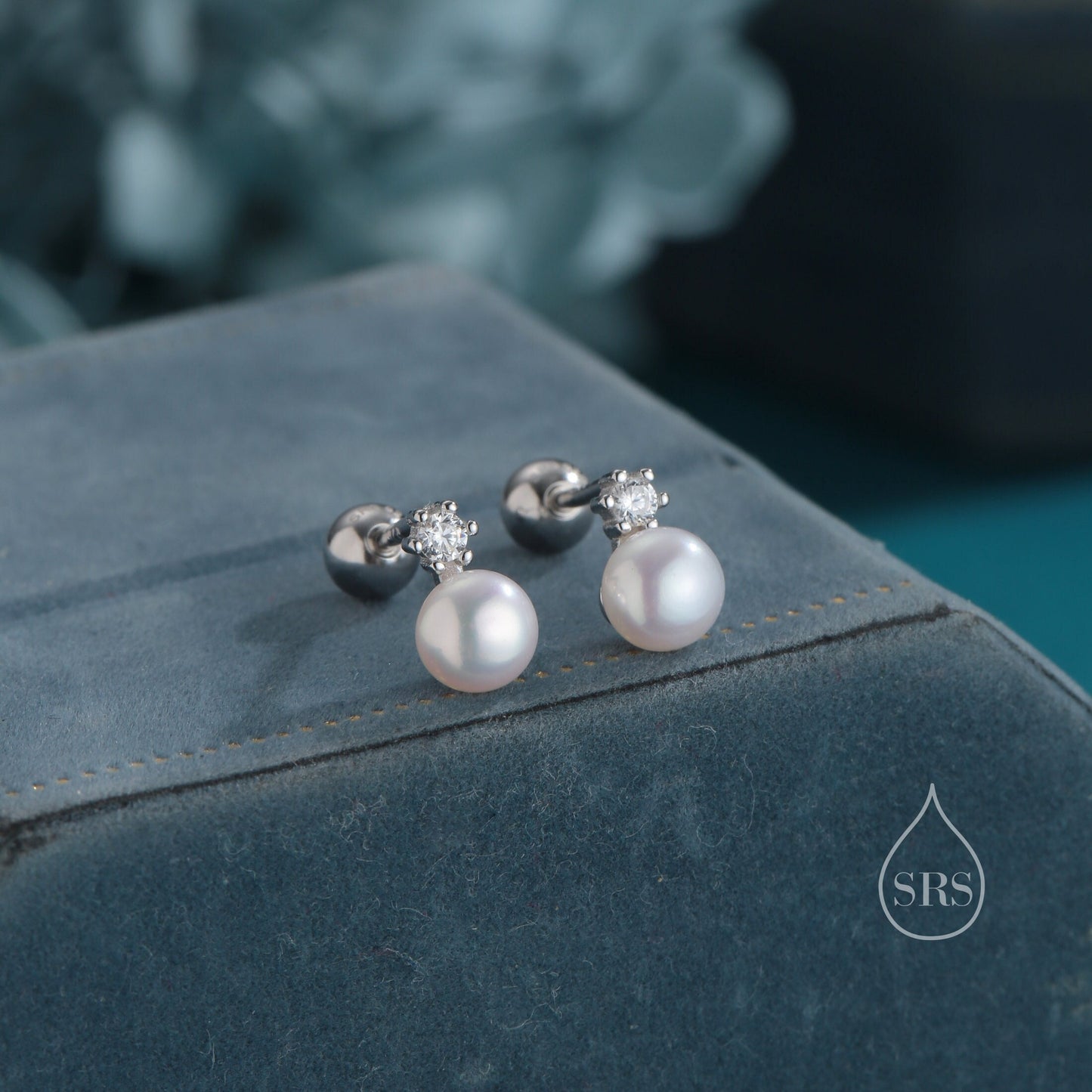 Tiny Genuine Pearl and CZ Screw Back Earrings in Sterling Silver, Silver or Gold, Natural Pearl Earrings, Freshwater Pearl Earrings