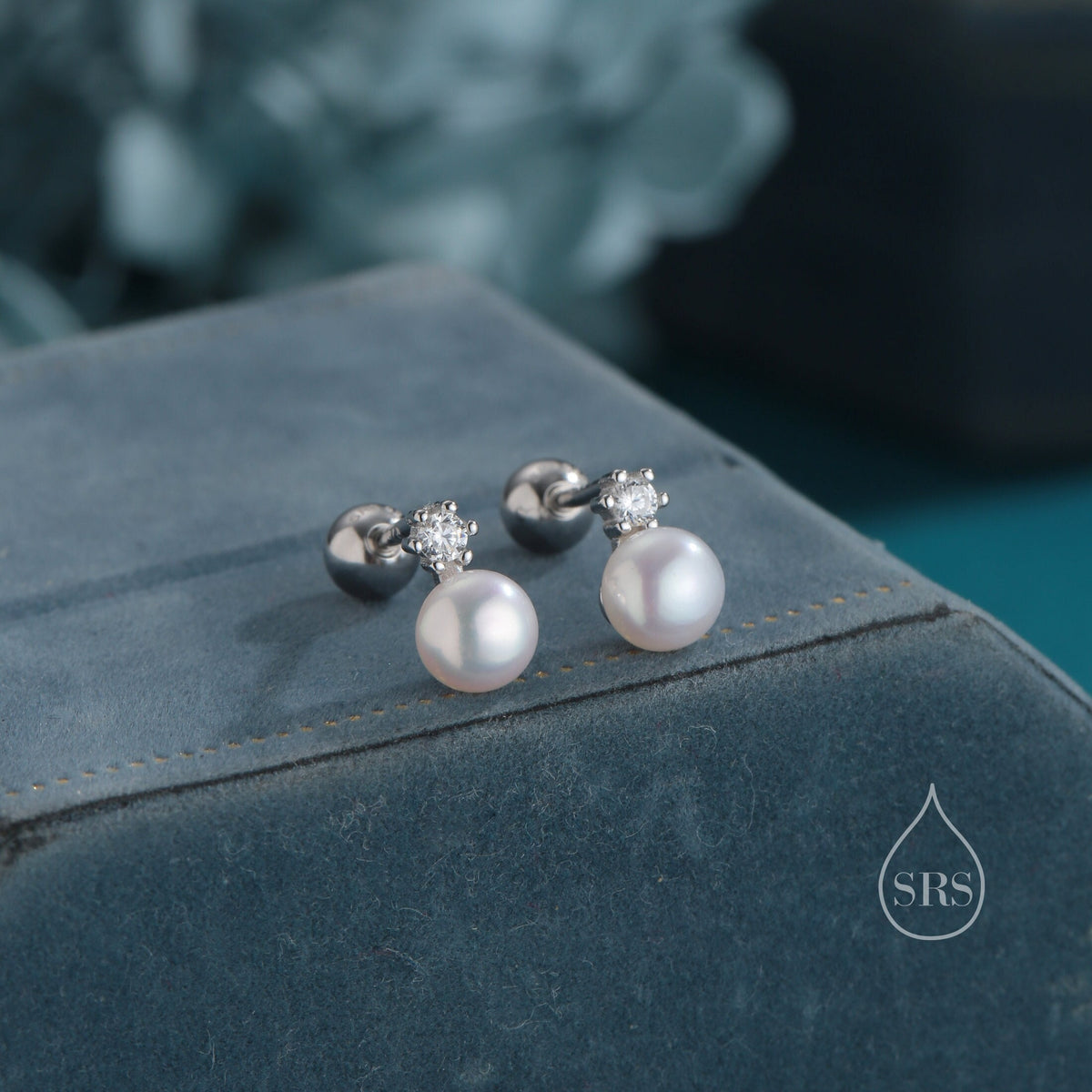 Tiny Genuine Pearl & CZ 18G Screw Back Earrings in Sterling Silver