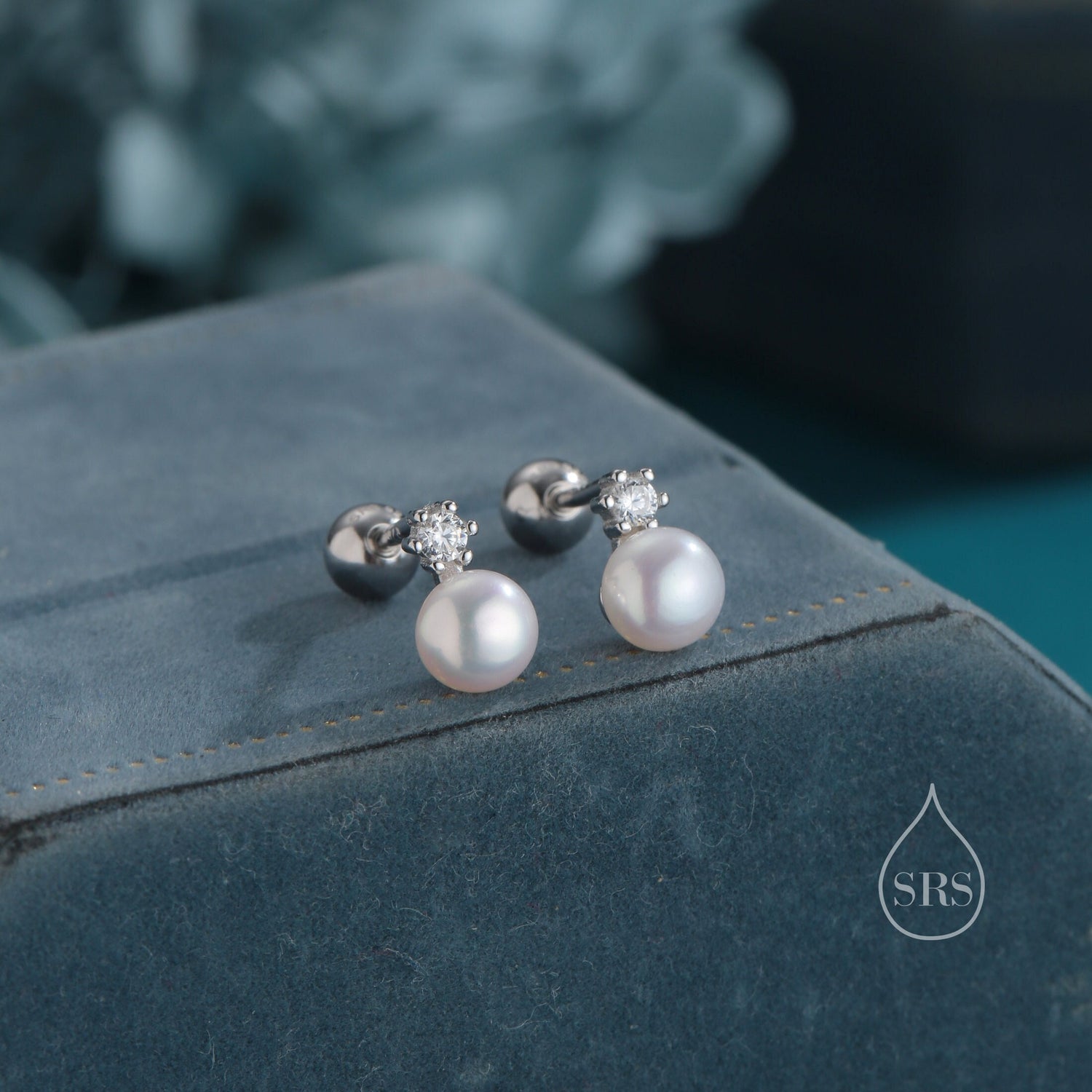 Tiny Genuine Pearl & CZ 18G Screw Back Earrings in Sterling Silver
