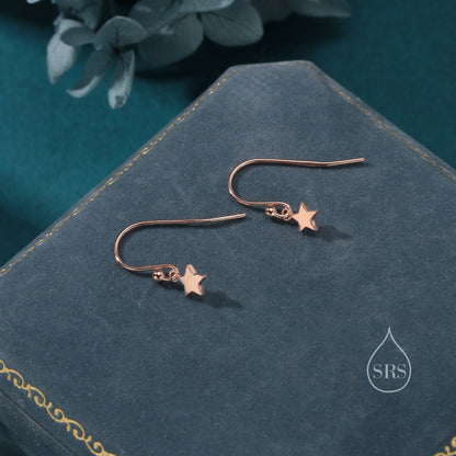 Extra Tiny Star Dangle Drop Hook Earrings in Sterling Silver, Silver or Gold or Rose Gold, Tiny Star Dangle Earrings