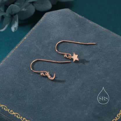 Extra Tiny Star and Moon Dangle Drop Hook Earrings in Sterling Silver, Silver or Gold or Rose Gold, Tiny Star Dangle Earrings