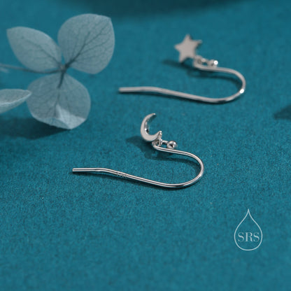 Extra Tiny Star and Moon Dangle Drop Hook Earrings in Sterling Silver, Silver or Gold or Rose Gold, Tiny Star Dangle Earrings