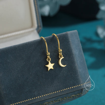 Extra Tiny Star and Moon Dangle Drop Hook Earrings in Sterling Silver, Silver or Gold or Rose Gold, Tiny Star Dangle Earrings