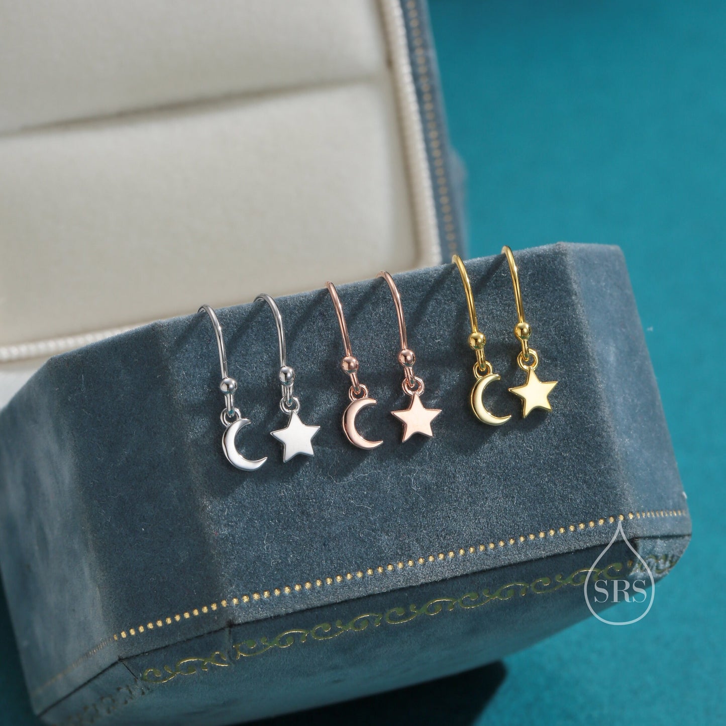 Extra Tiny Star and Moon Dangle Drop Hook Earrings in Sterling Silver, Silver or Gold or Rose Gold, Tiny Star Dangle Earrings