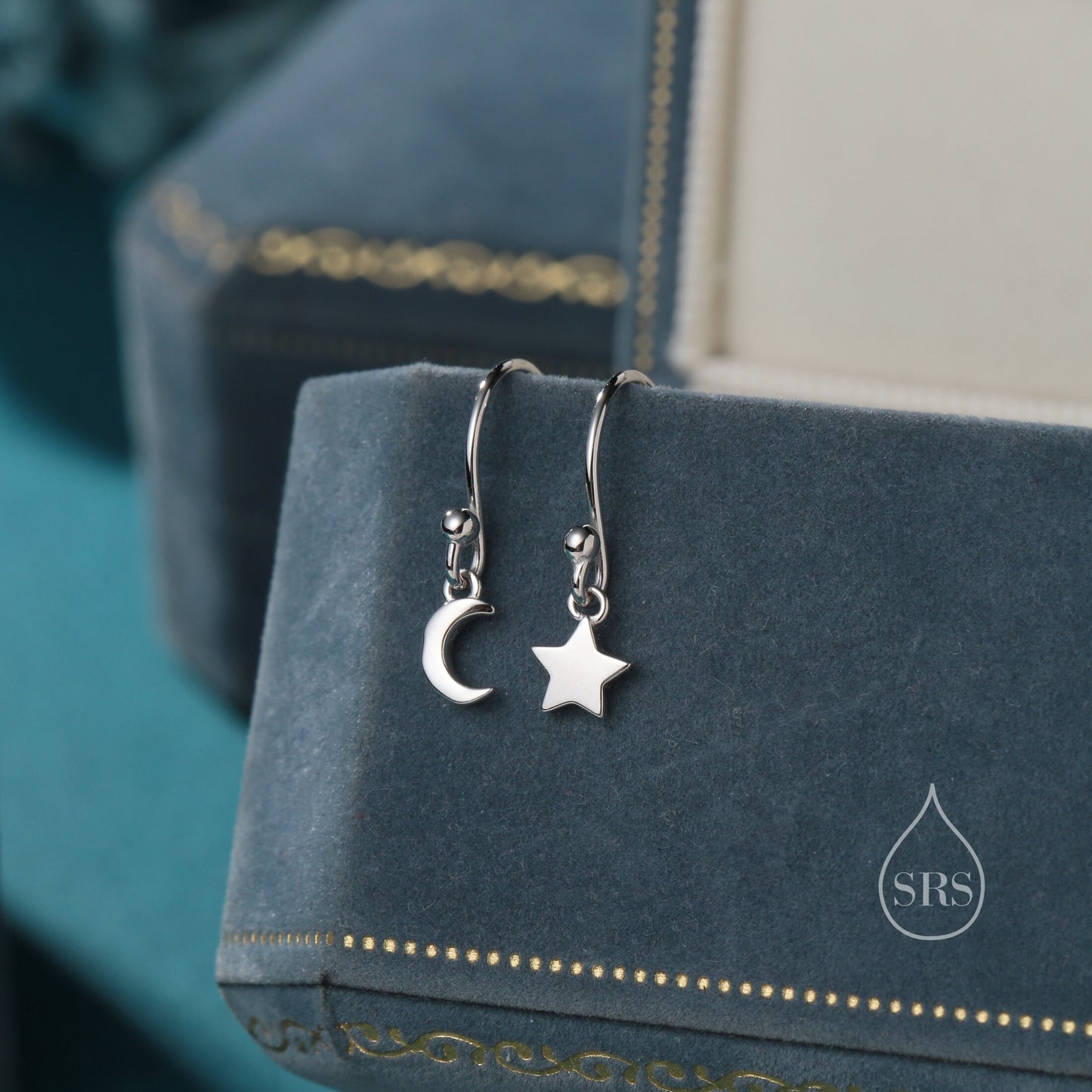 Extra Tiny Star and Moon Dangle Drop Hook Earrings in Sterling Silver, Silver or Gold or Rose Gold, Tiny Star Dangle Earrings