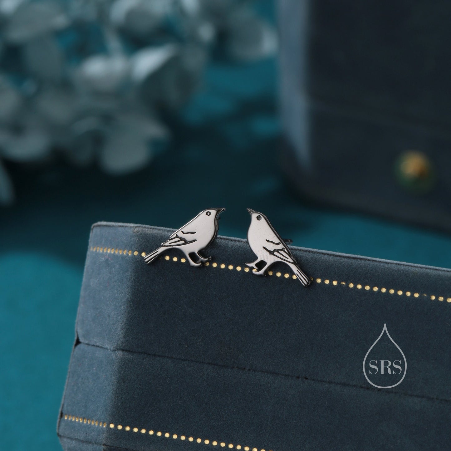 British Black Bird Stud Earrings in Sterling Silver - Black Rhodium Coated Sterling Silver, Animal Stud Earrings - Bird Earrings