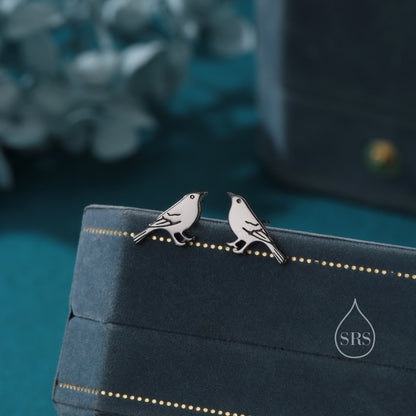 British Black Bird Stud Earrings in Sterling Silver - Black Rhodium Coated Sterling Silver, Animal Stud Earrings - Bird Earrings