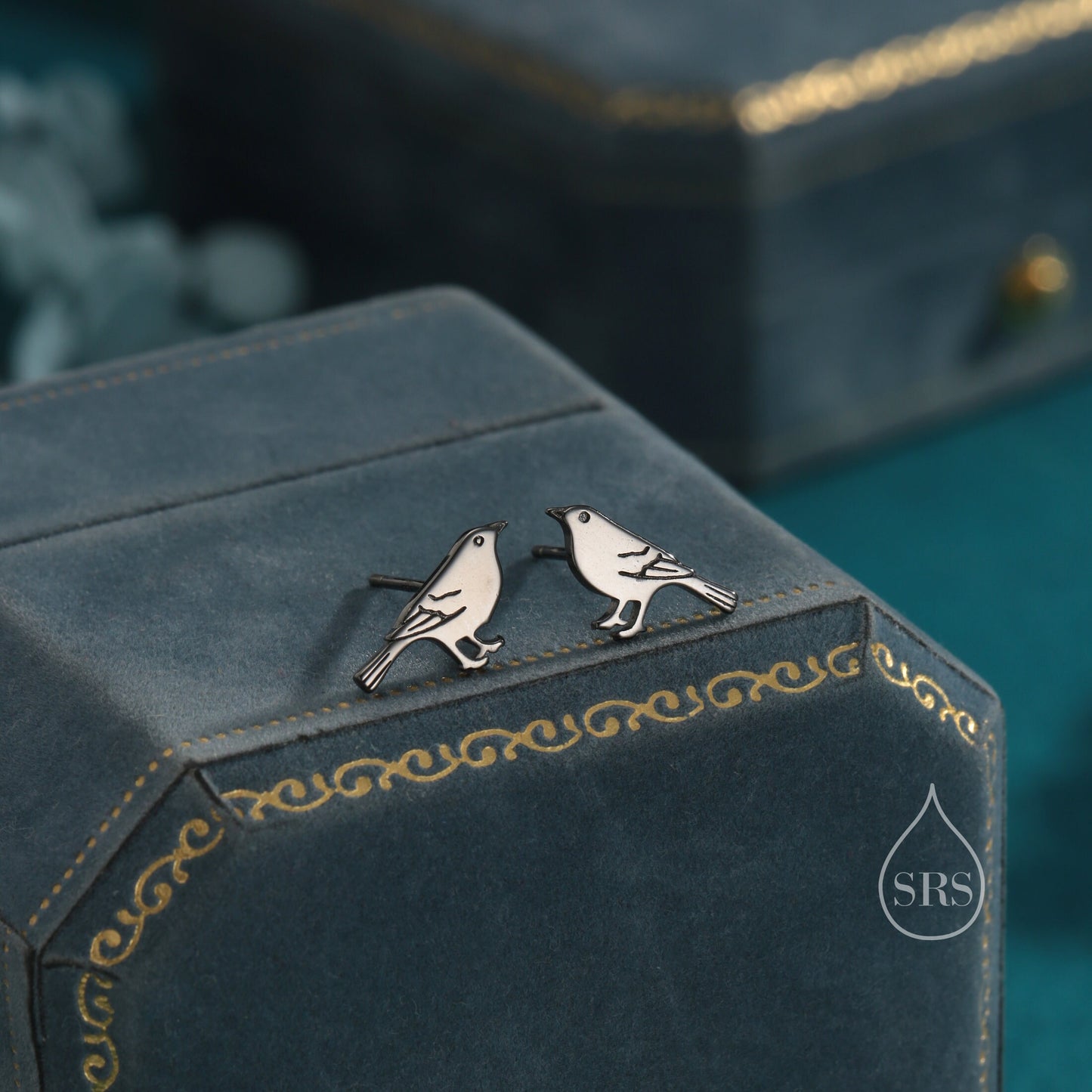 British Black Bird Stud Earrings in Sterling Silver - Black Rhodium Coated Sterling Silver, Animal Stud Earrings - Bird Earrings