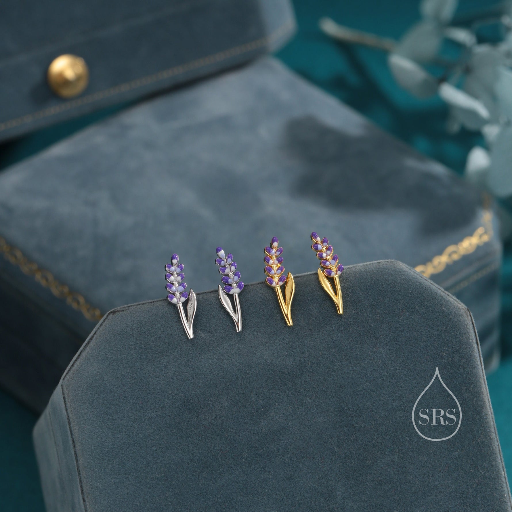 Extra Tiny Sterling Silver Lavender Stud Earrings, Handpainted Enamel Lavender Earrings, Silver or Gold, Purple Lavender Earrings
