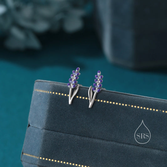 Extra Tiny Sterling Silver Lavender Stud Earrings, Handpainted Enamel Lavender Earrings, Silver or Gold, Purple Lavender Earrings