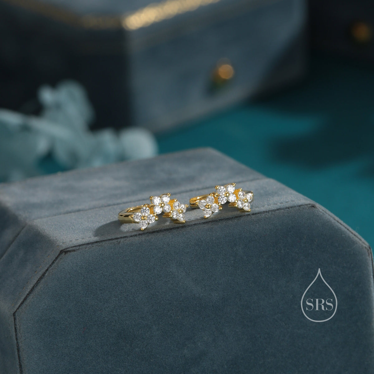 Hydrangea Flower Bouquet CZ Huggie Hoop Earrings in Sterling Silver, Silver or Gold or Rose Gold, CZ Hoops, Flower Hoops, Dainty CZ Hoops