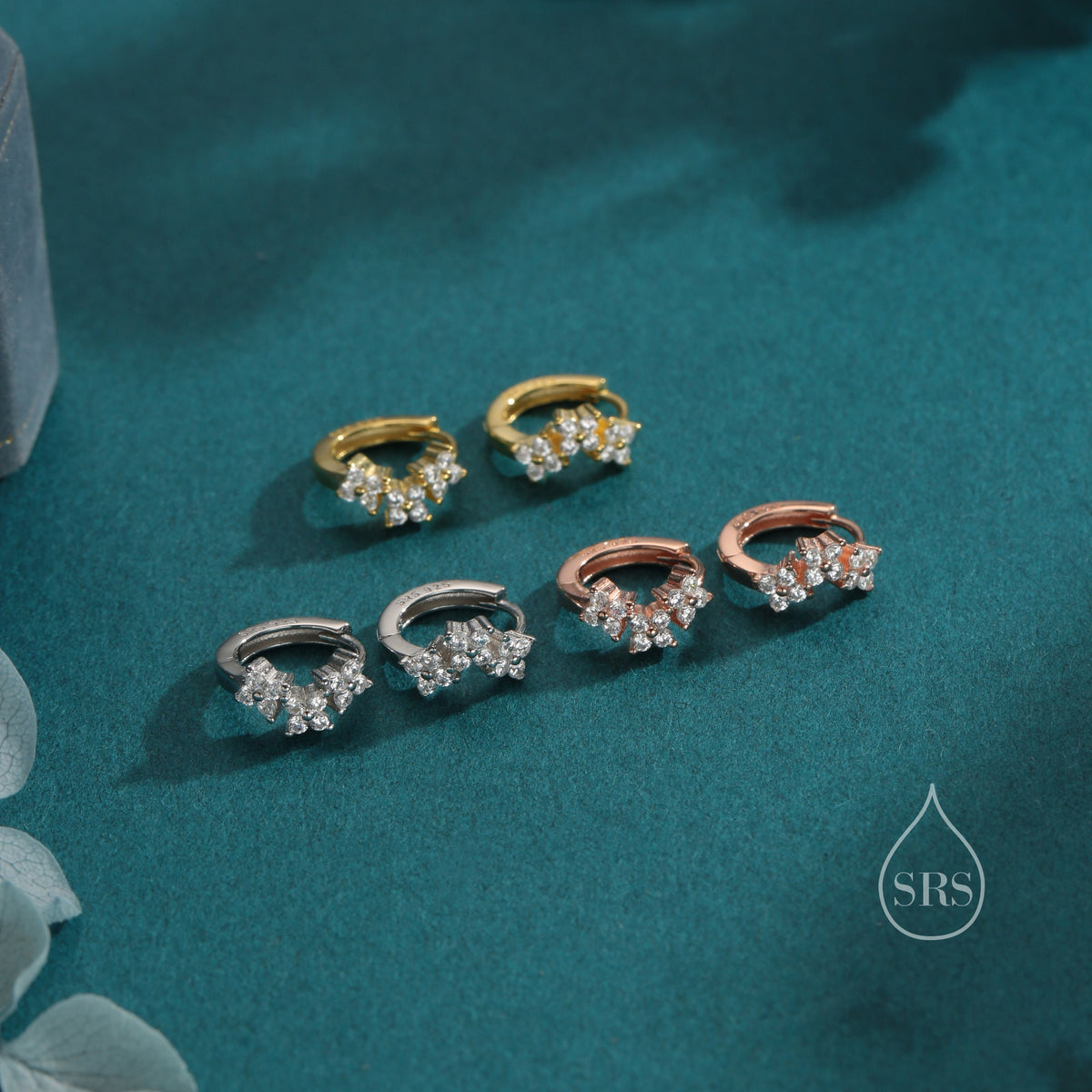 Hydrangea Flower Bouquet CZ Huggie Hoop Earrings in Sterling Silver, Silver or Gold or Rose Gold, CZ Hoops, Flower Hoops, Dainty CZ Hoops