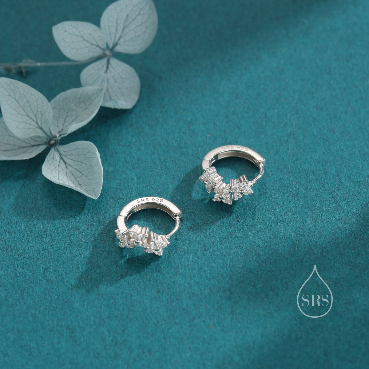 Hydrangea Flower Bouquet CZ Huggie Hoop Earrings in Sterling Silver, Silver or Gold or Rose Gold, CZ Hoops, Flower Hoops, Dainty CZ Hoops
