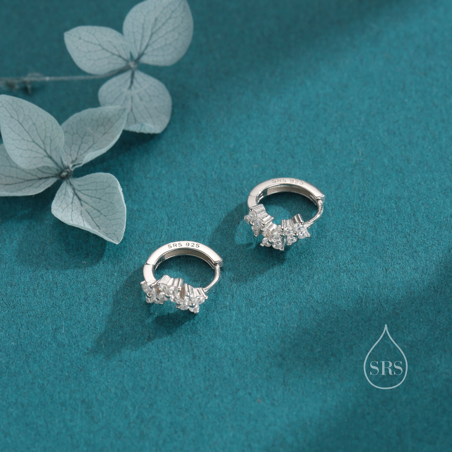 Hydrangea Flower Bouquet CZ Huggie Hoop Earrings in Sterling Silver, Silver or Gold or Rose Gold, CZ Hoops, Flower Hoops, Dainty CZ Hoops