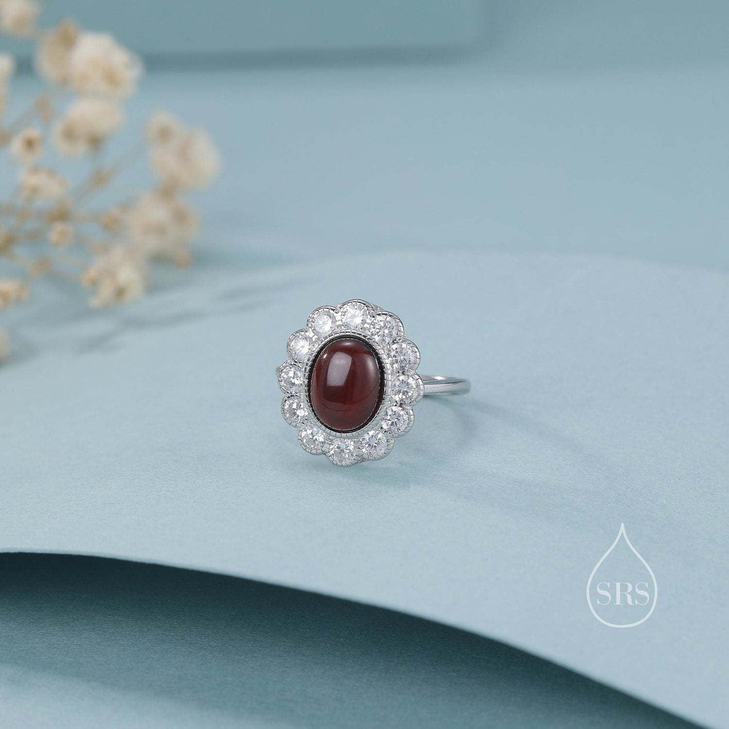 Sterling Silver Vintage Inspired Dark Garnet CZ Ring, Adjustable Size, Natural Red Garnet Ring, Vintage Style Genuine Garnet Ring