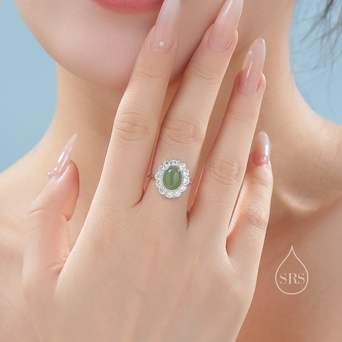 Sterling Silver Vintage Inspired Green Jade Ring, Adjustable Size, Natural Green Jasper Jade Ring, Vintage Style Jade Ring