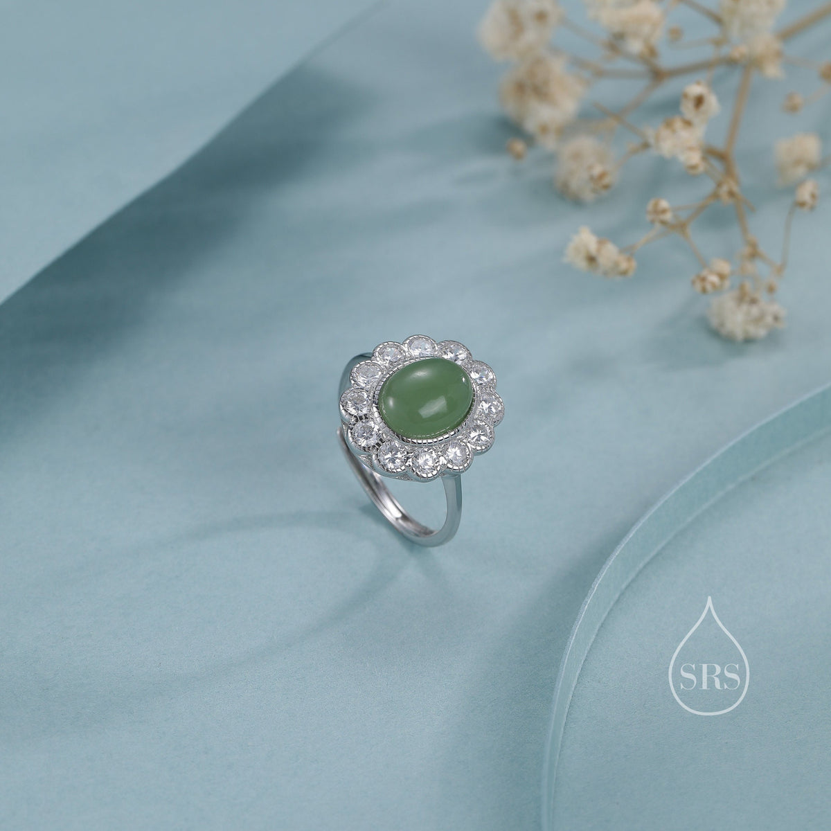 Sterling Silver Vintage Inspired Green Jade Ring, Adjustable Size, Natural Green Jasper Jade Ring, Vintage Style Jade Ring