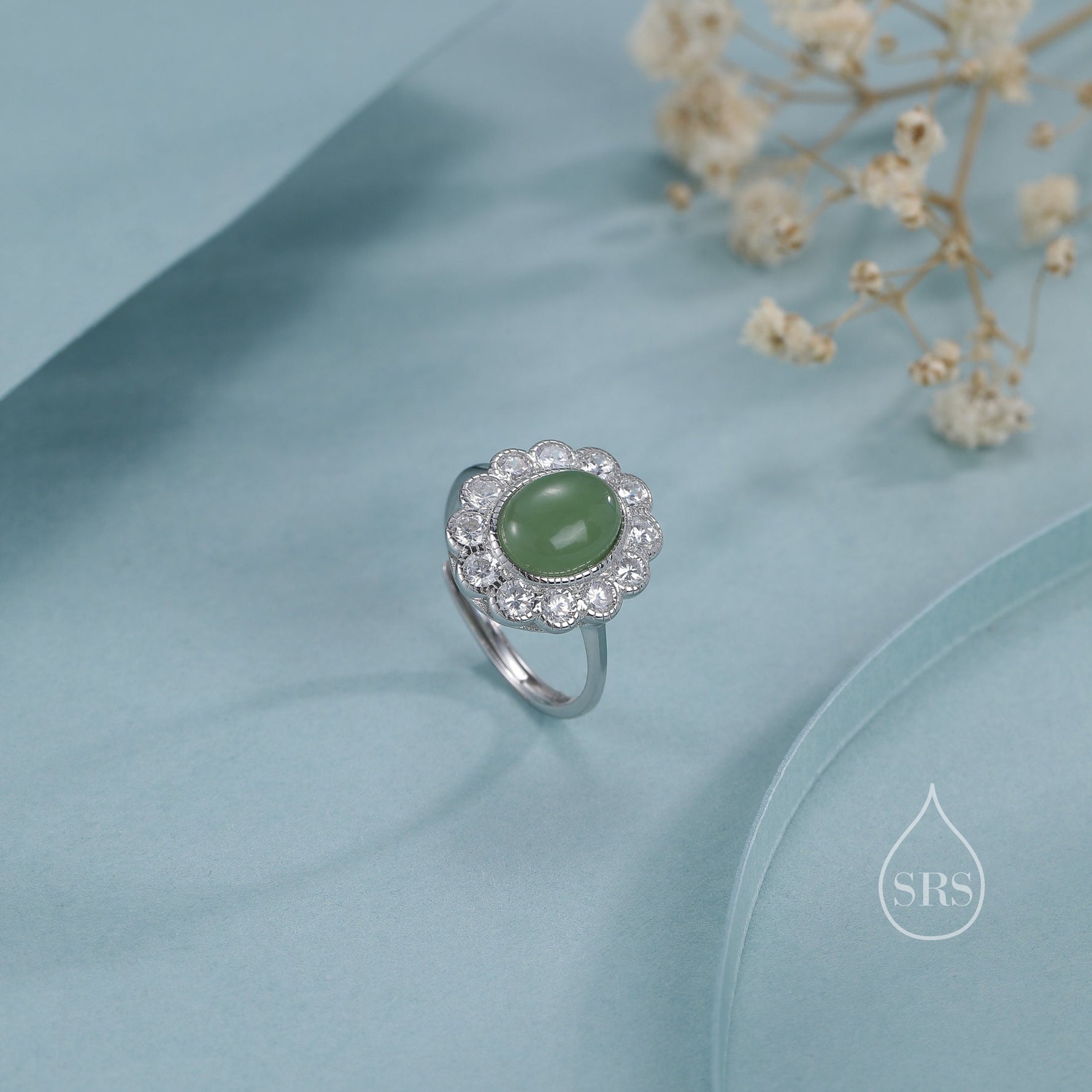 Sterling Silver Vintage Inspired Green Jade Ring, Adjustable Size, Natural Green Jasper Jade Ring, Vintage Style Jade Ring