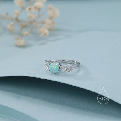 Aqua Green Opal Olive Leaf Ring in Sterling Silver, Adjustable Olive Leaf Ring, Botanical RIng, Leaf Ring with Lab Opal, Simulated Opal Ring