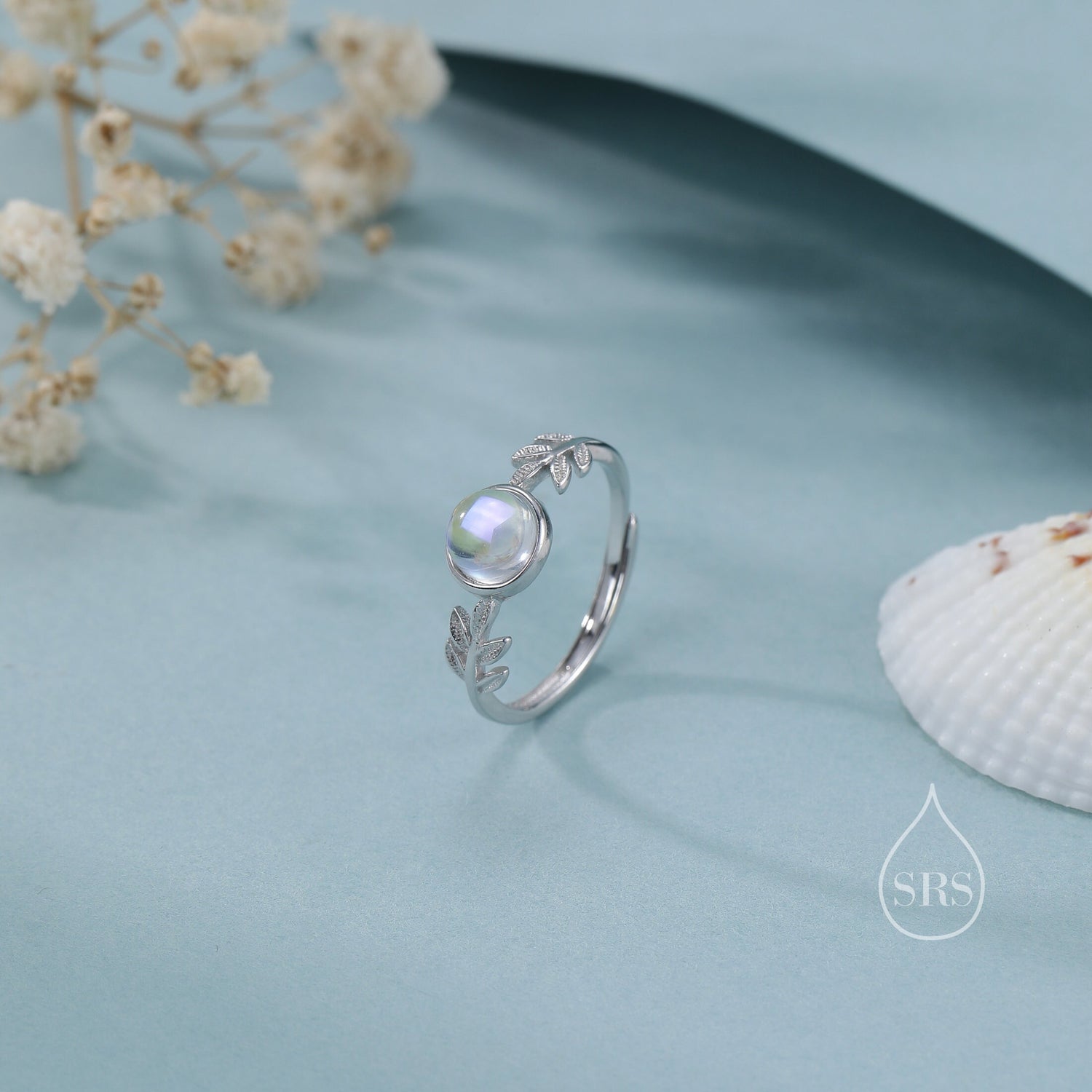 Blue Moonstone Olive Leaf Gemstone Ring
