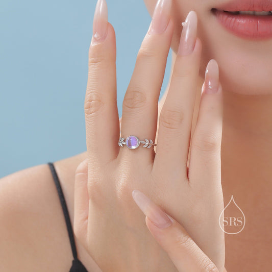 Blue Moonstone Olive Leaf Ring in Sterling Silver, Adjustable Olive Leaf Ring,  Leaf Ring with Lab Moonstone, Simulated Moonstone Ring