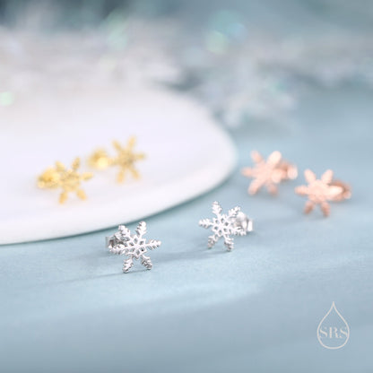 Snowflake Stud Earrings in Sterling Silver, Small Snow Earrings, Available in Three Finishes - Silver, Gold and Rose Gold, Dainty Snowflake