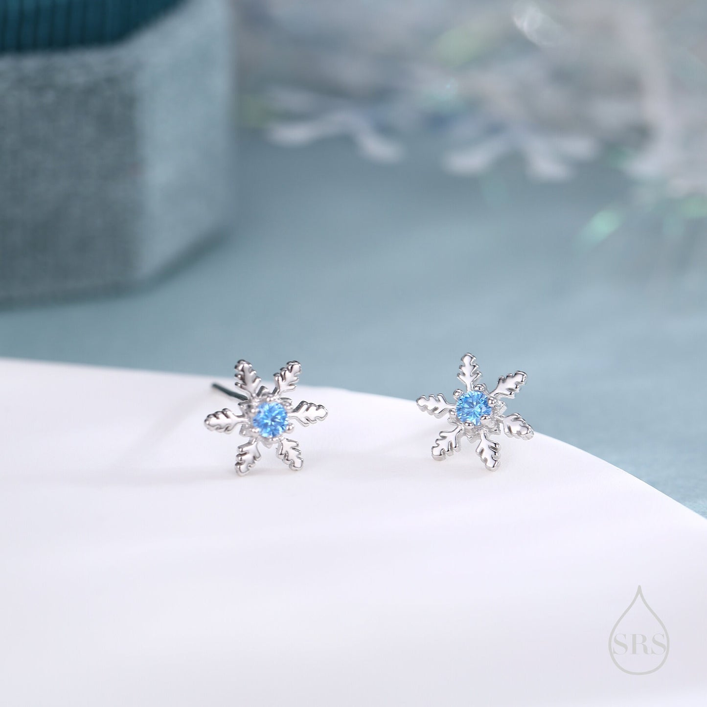 Blue CZ Snowflake Stud Earrings in Sterling Silver, Small Snow Earrings, Available in Three Finishes - Silver, Gold and Rose Gold