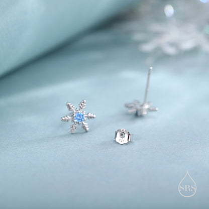 Blue CZ Snowflake Stud Earrings in Sterling Silver, Small Snow Earrings, Available in Three Finishes - Silver, Gold and Rose Gold