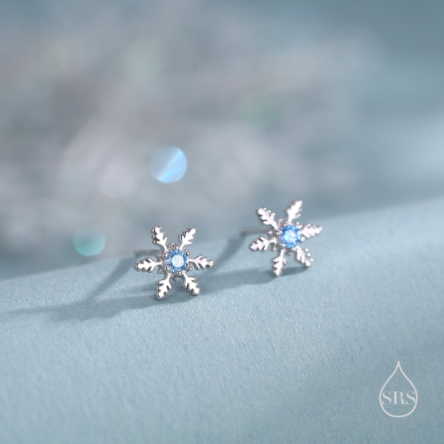 Blue CZ Snowflake Stud Earrings in Sterling Silver, Small Snow Earrings, Available in Three Finishes - Silver, Gold and Rose Gold