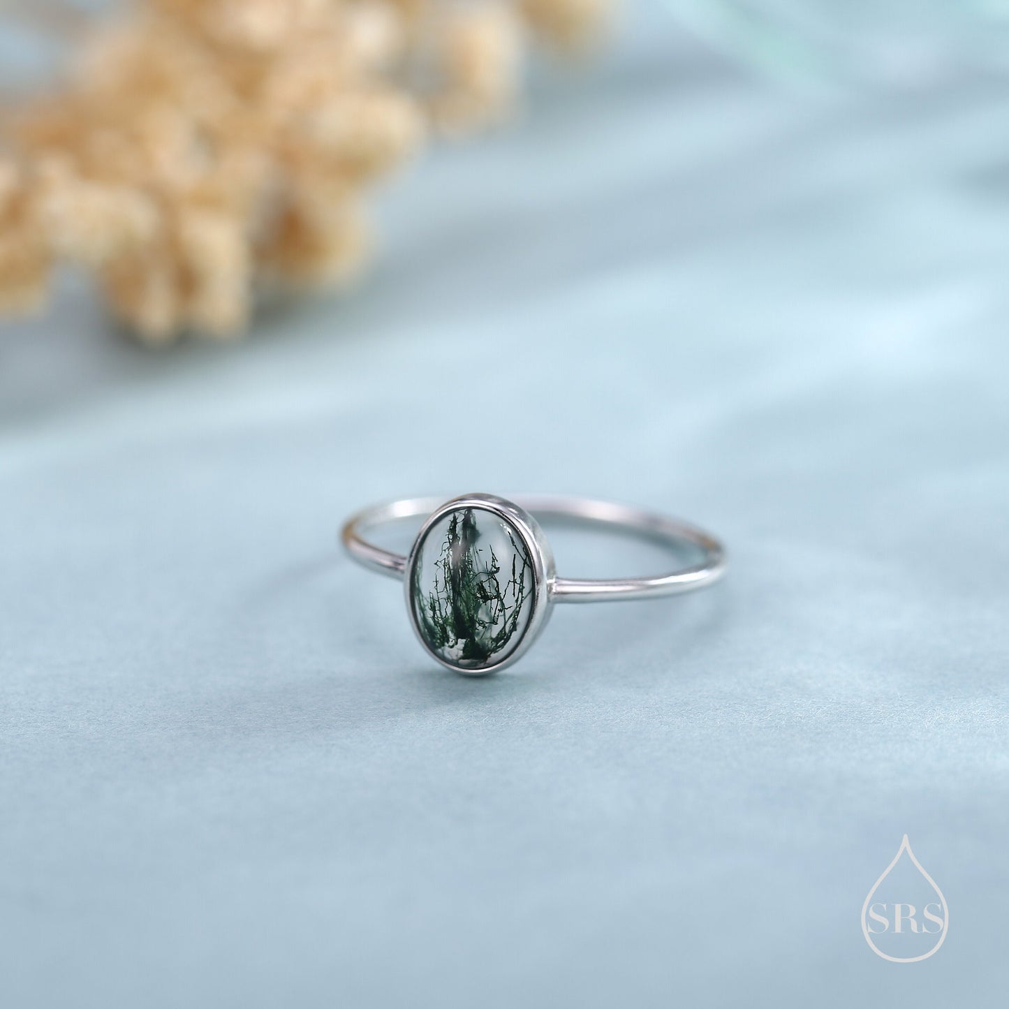 Oval Cabochon Moss Agate Classic Single Stone Engagement Ring in Sterling Silver, Oval Cut Shape Moss Agate US 5 - 8