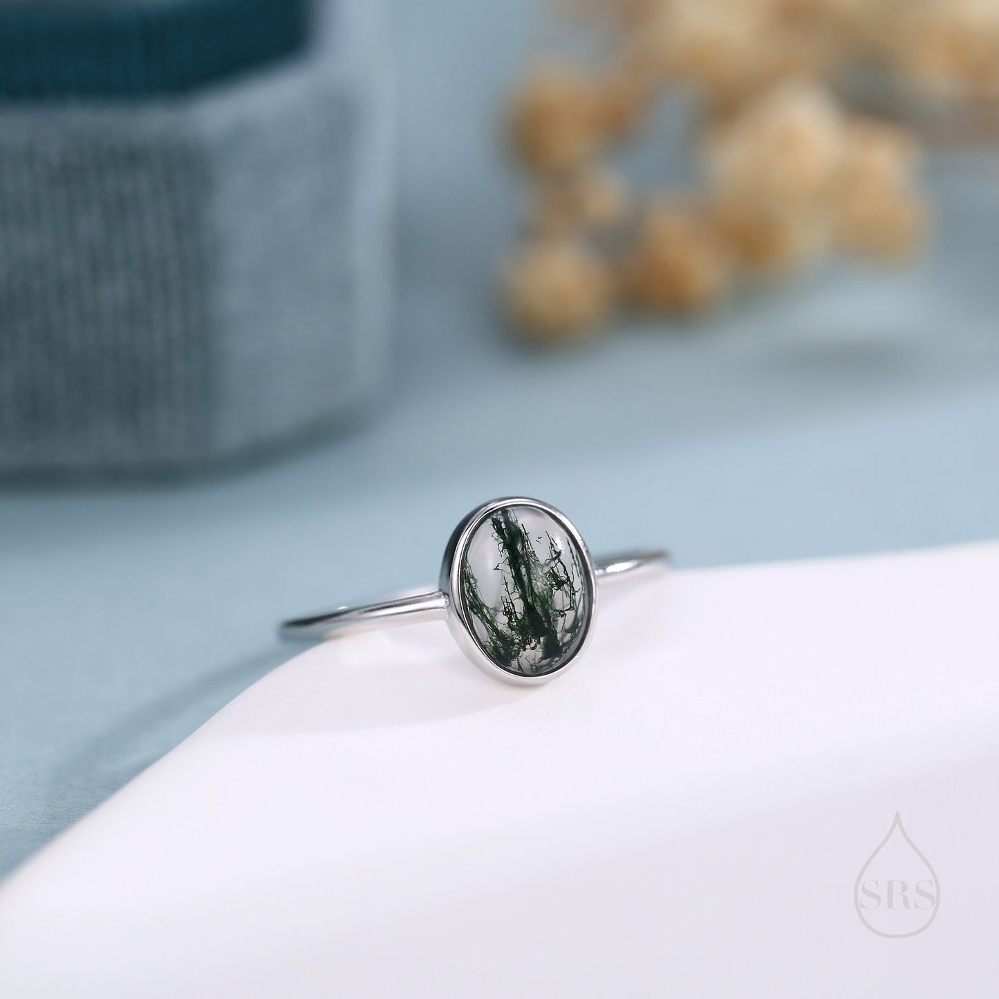 Oval Cabochon Moss Agate Classic Single Stone Engagement Ring in Sterling Silver, Oval Cut Shape Moss Agate US 5 - 8