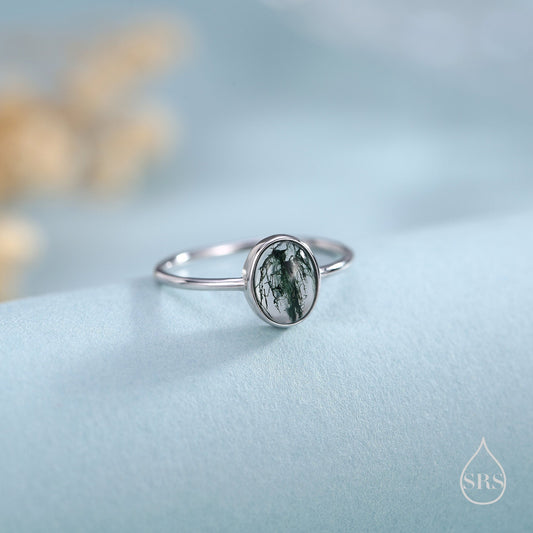 Oval Cabochon Moss Agate Classic Single Stone Engagement Ring in Sterling Silver, Adjustable Size, Oval Cut Shape Moss Agate Ring