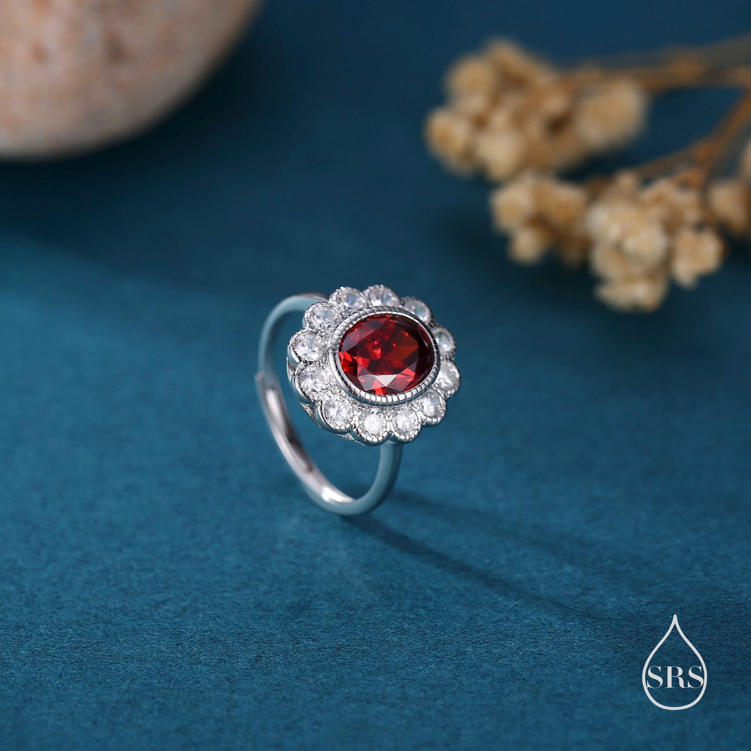 Vintage Garnet Red CZ Halo Ring