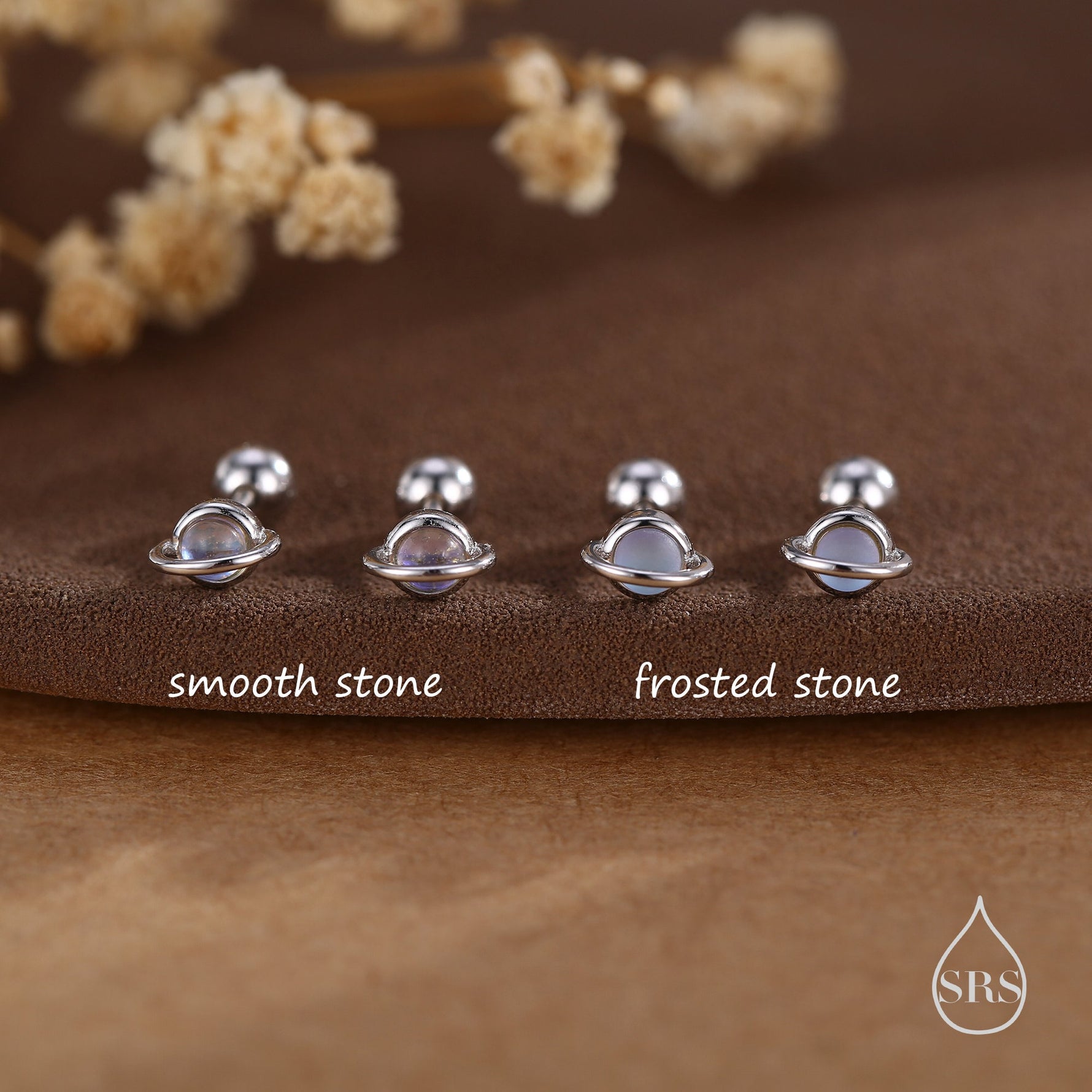 Moonstone Planet Screw Back Earrings in Sterling Silver, Lab Moonstone Planet Earrings, Opal Saturn Earrings