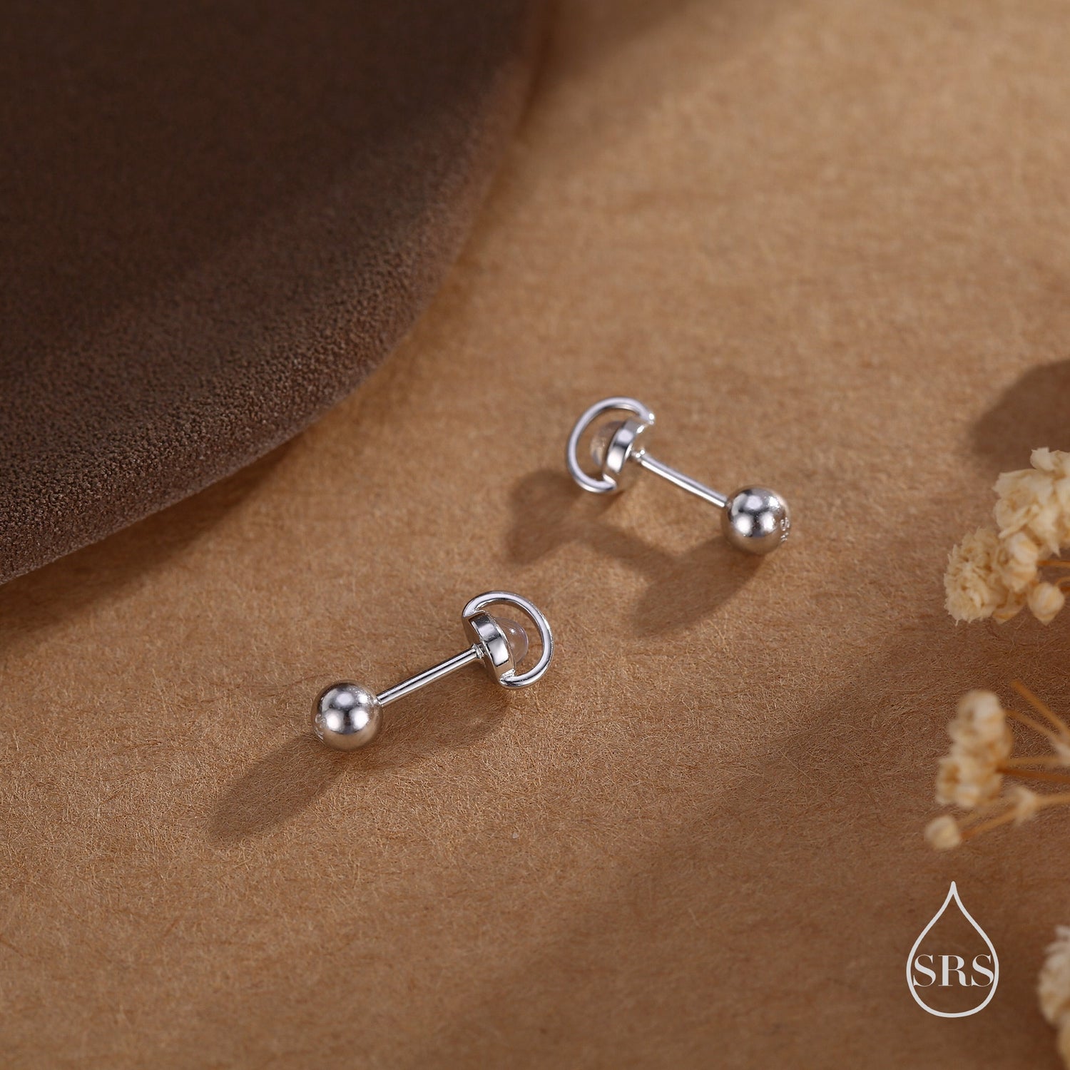 Moonstone Planet Screw Back Earrings in Sterling Silver, Lab Moonstone Planet Earrings, Opal Saturn Earrings