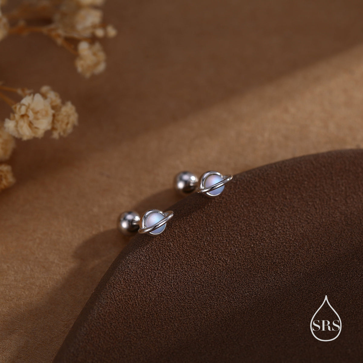 Moonstone Planet Screw Back Earrings in Sterling Silver, Lab Moonstone Planet Earrings, Opal Saturn Earrings