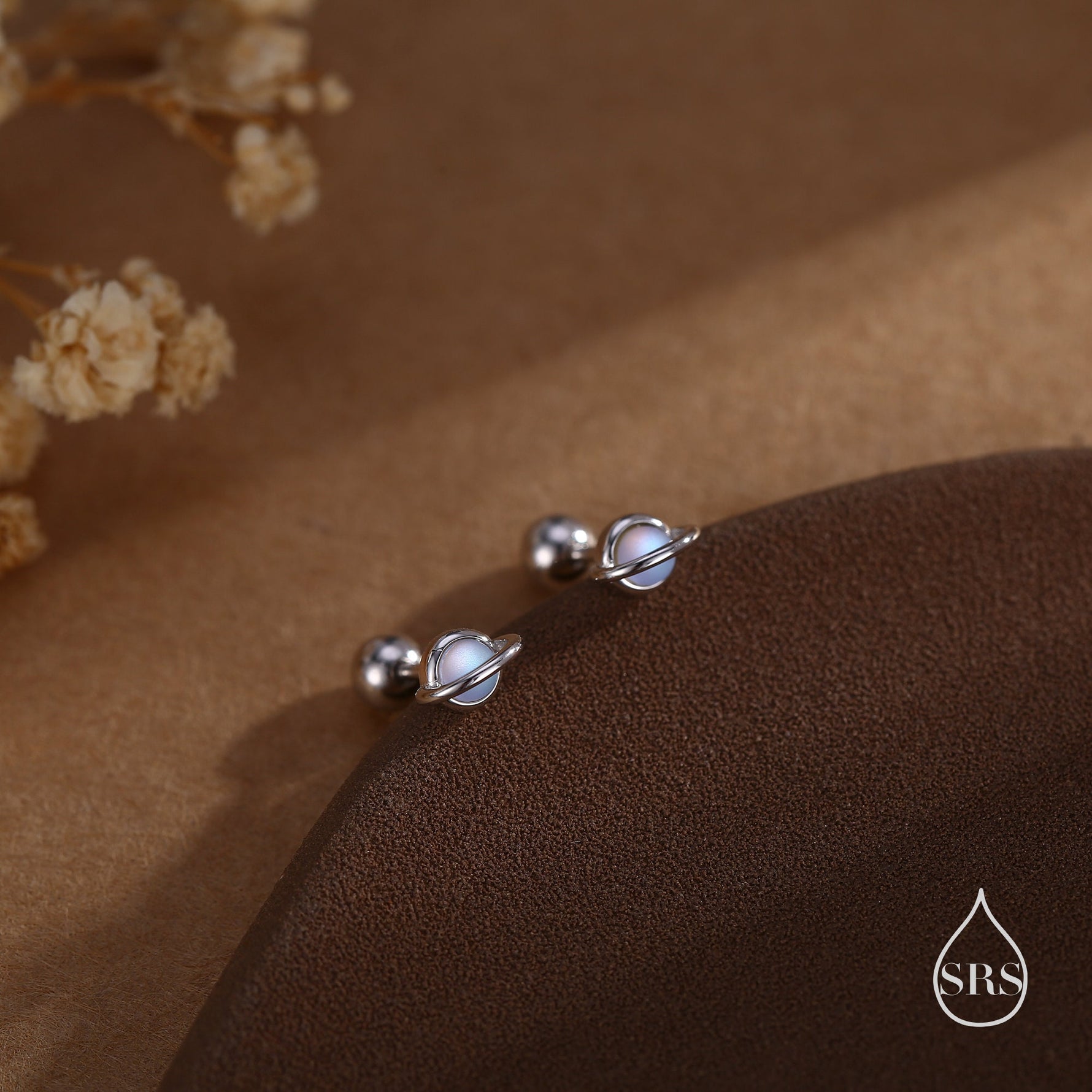 Moonstone Planet Screw Back Earrings in Sterling Silver, Lab Moonstone Planet Earrings, Opal Saturn Earrings