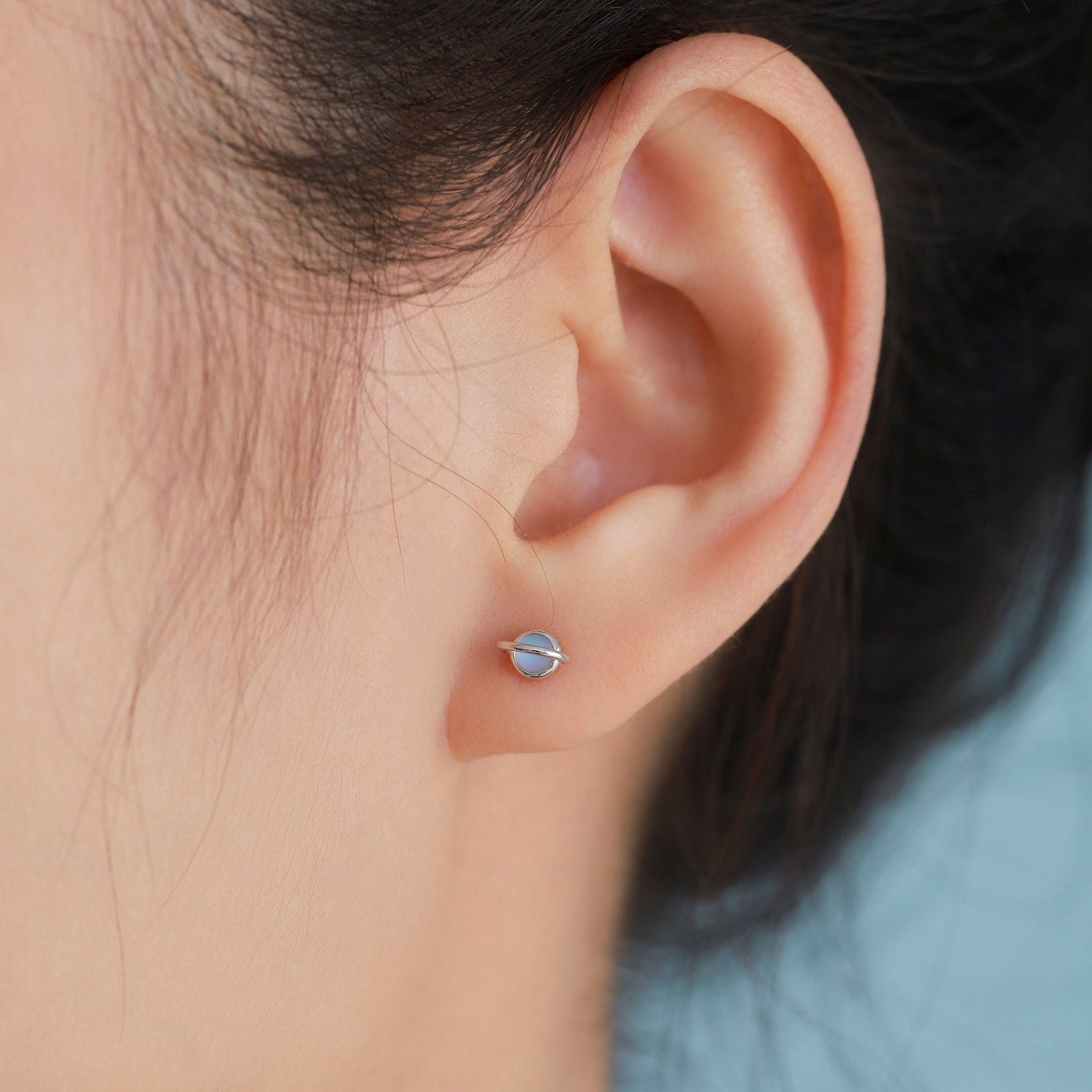 Moonstone Planet Screw Back Earrings in Sterling Silver, Lab Moonstone Planet Earrings, Opal Saturn Earrings