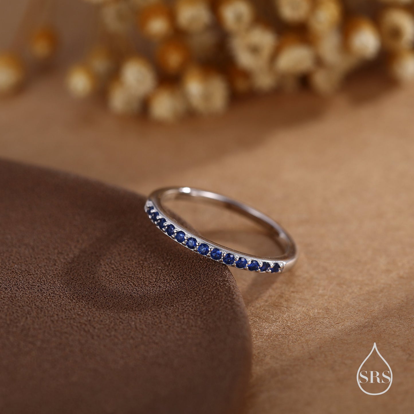 Sapphire Blue Half Eternity Ring in Sterling Silver, Silver or Gold, Blue Sapphire CZ Skinny Ring, Minimalist Stacking Ring US 5 - 8