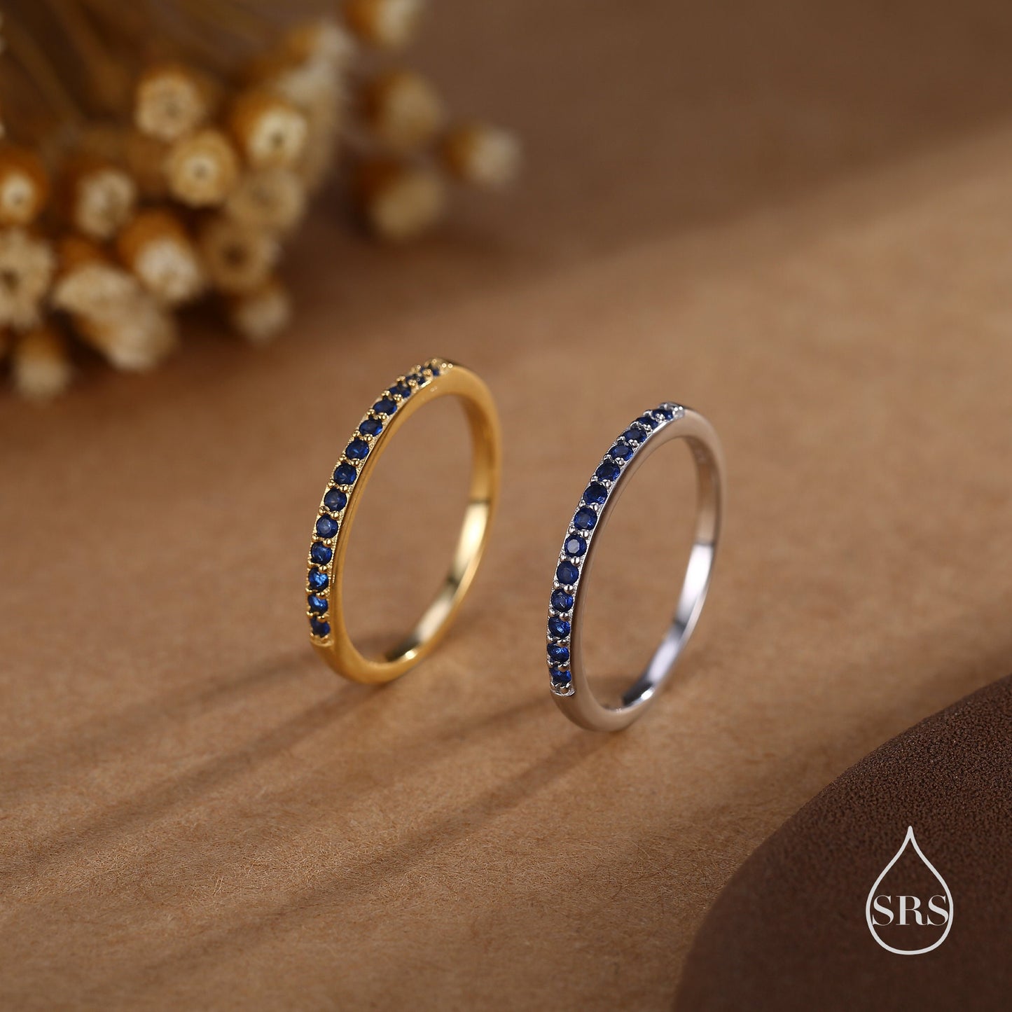 Sapphire Blue Half Eternity Ring in Sterling Silver, Silver or Gold, Blue Sapphire CZ Skinny Ring, Minimalist Stacking Ring US 5 - 8